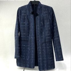 Tahari Womens Navy Blue Multi Solid Long Blazer Midnight Blue Suit Jacket Coat 2