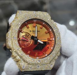 Authentic Casio G-SHOCK Custom Yellow Iced Out Watch Orange Dial | Gray Band