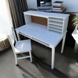 White teenager / student desk w/hutch  $55, chair $10 . 24 deep x  43W 26H (40Hutch) 