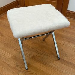 Furry White Stool With Silver Metal Hardware