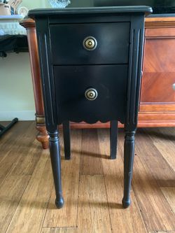 Vintage Black Bedside Table / Sewing Stand with Brass Pulls and 2 Drawers