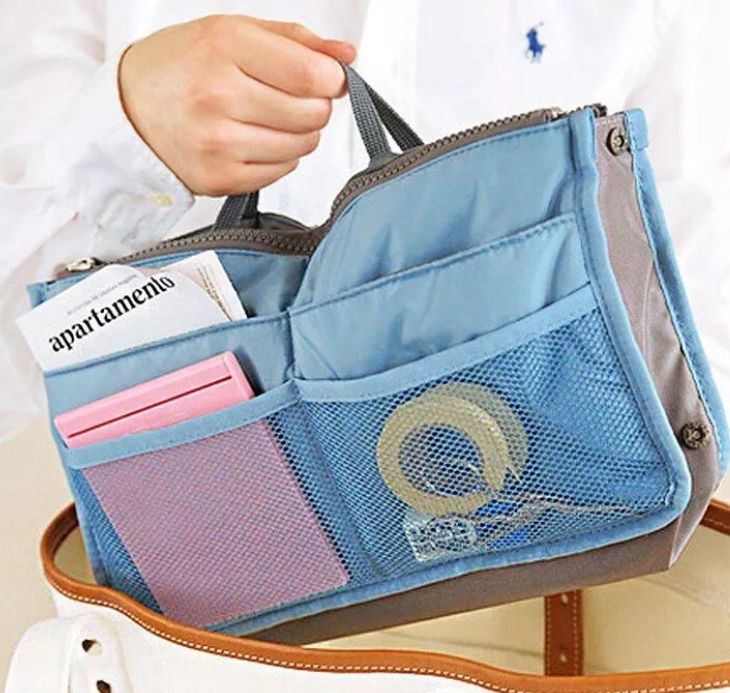 Blue Nylon Handbag Organizer Travel Insert -Multiple Zippers & Pockets w/ Straps