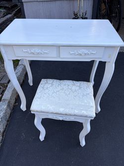 White Wood Vanity Table and Stool / Bench