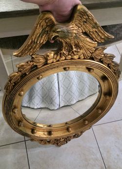 Antique Federal Style Gold Wood Eagle Frame Convex Bullseye Mirror  Vintage Porthole Bullseye gold