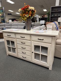 Distressed White Wood Sideboard Buffet Cabinet