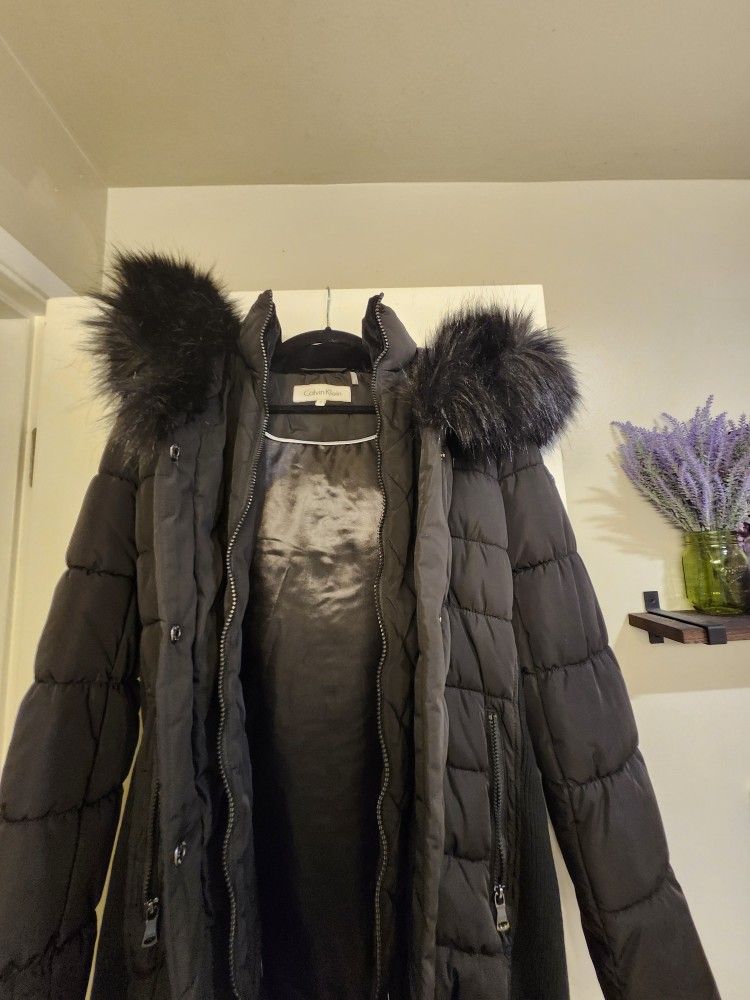 Black Calvin Klein Faux-fur Hooded Winter Coat