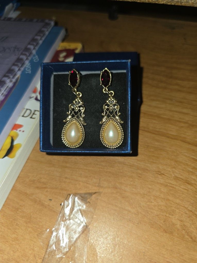 2 Inch Gold Earrings With Opal And Ruby
