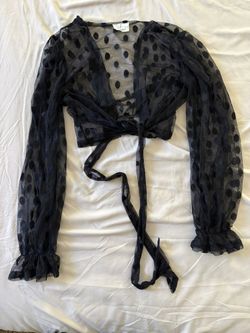 Ember Black Sheer Mesh Polka Dot Tie-Front Wrap Crop Top - Size Small
