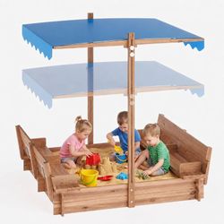 Garvee Kids Wooden Sandbox 47.2" x 47.2" w/ Adjustable Canopy & Bench Seats
