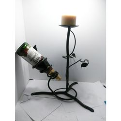 Modern Black Heavy Wrought Iron Wine Bottle Holder & Pillar Candle Holder Decor