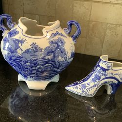 Bombay Company Blue and White Ceramic Vase Pot Landscape Floral And Boot 2 Pieces