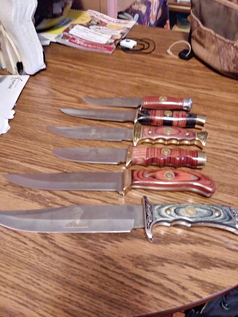 Six Falkner knives I have Doc Holliday Buffalo Bill Pat Garrett Billy the Kid Bat Masterson Wild Bill Hickok they are collector knives