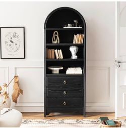 71" Wood Arched Bookcase with 3 Drawers, Tall Display Cabinet for Living Room, Vintage Storage Cabinet with Natural Wood Veneers & Water-Based Finish 