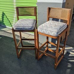 Vintage Tall Wood Cane Bar Stools Pair
