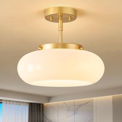 WOKNOS Mid-Century Modern Gold Semi Flush Mount Ceiling Light, 3-Light Kitchen Light Fixtures With Glass Shade For Entryway Hallway Bathroom Bedroom (
