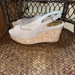 Michael Kors Natalia Sling Wedge Platforms Nude Suede Cork Size 7