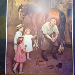 Victorian Lithograph Print Man and Kids Horse Shoeing No Frame 