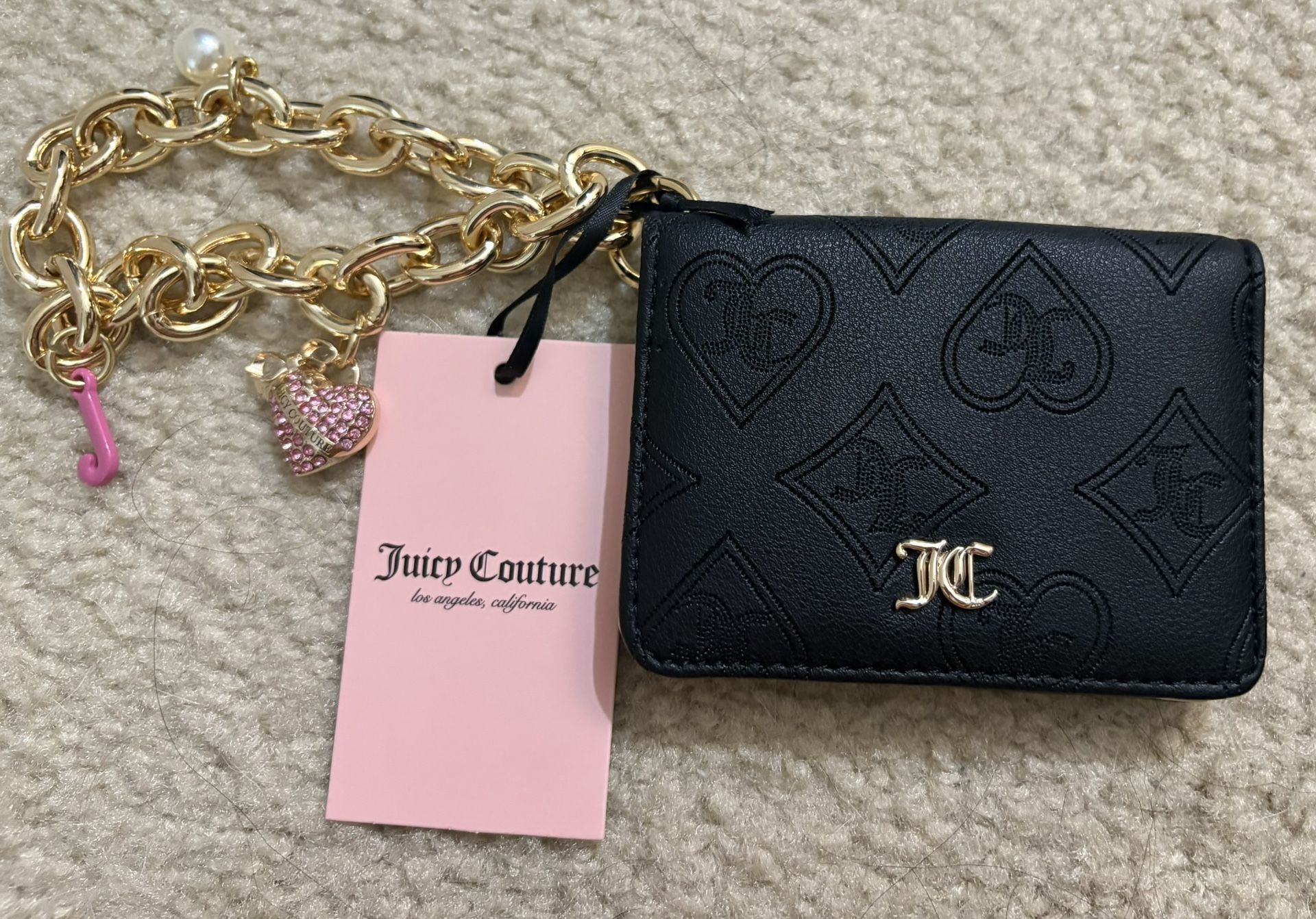 NWT Juicy Couture Top Notch Card Case Key Fob Wallet W/ Wrist Straps Black