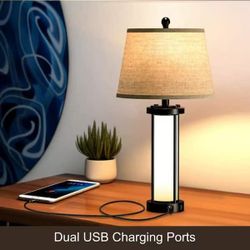 26.3 in. Black Modern Metal Integrated LED Fabric Lampshade Table lamp with Dual USB Charging Ports (Bulbs Included)