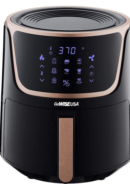GoWISE USA GW22955 7-Quart Electric Air Fryer with Dehydrator & 3 Stackable Racks, Digital Touchscreen with 8 Functions + Recipes, 7.0-Qt, Black/Coppe