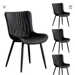 Set Of 4- Black Leather Upholstered Dining Modern Wingback Side Chairs with Metal Legs