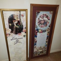 X2 LARGE 41" GOLD FRAMED SHAKESPEARE LOVE BIRDS FLORAL FLOWER ROSE BOUQUET PICTURE ART PLAQUE WALL DECOR