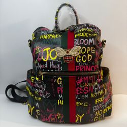Alba Queen Bee Stripe Graffiti Backpack Handbag 