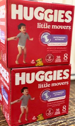 Huggies Little Movers Baby Diapers, size 8, # 38. $15 a box. Brand new. .