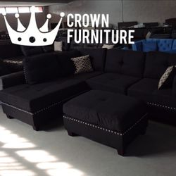 Black Sectional & Ottoman With Tack Trim