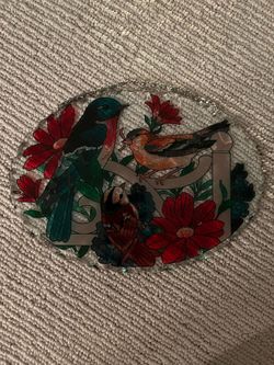 Vintage stained glass-style suncatcher with birds and floral motif