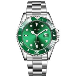 Mens Stainless Steel Watch Green Classic Luxury Casual Analog Date Quartz Wrist watch