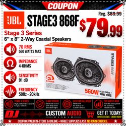 JBL Stage3 868F 6"x8" 2-Way Coaxial Car Audio Speakers Pair 5"x7" Compatible 140W RMS 560W Peak 4-Ohm High Sensitivity Factory Door DropIn Replacement
