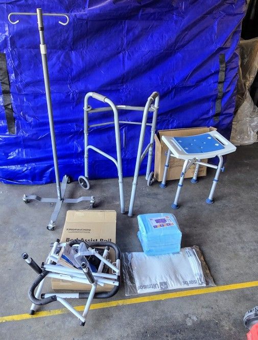 Walker, Shower Chair, Bed Assist, IV Holder, New Bed Pads all Like New, Medical pads, IV tubing