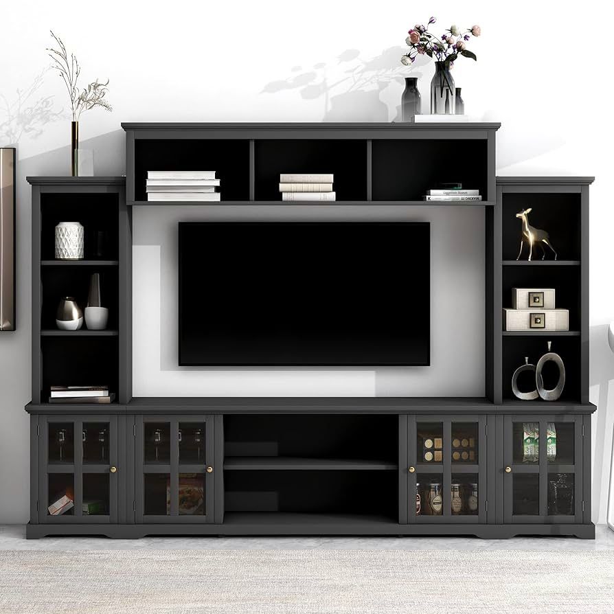 Entertainment Wall Unit with Bridge, Modern Console Table, TV Stand Fits TV's up to 66 in., with Glass Door, Black