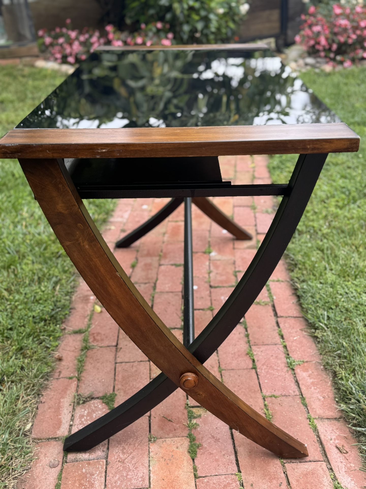 Free computer desk - trestle style, wood, steel and glass