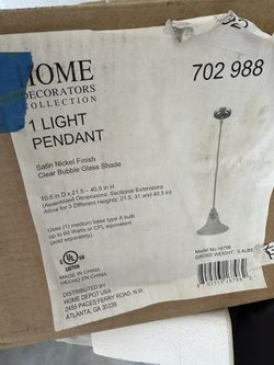1 LIGHT PENDANT Satin Nickel Finish Clear Bubble Glass Shade New Open Box