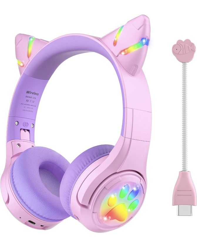 Cat Ear Kids Bluetooth Headphones with LED Light Up,Safe 85dB Volume Limit,Built-in Mic&Boom Mic for Calls,Kids Wireless&Wired Headphones for Girls/To