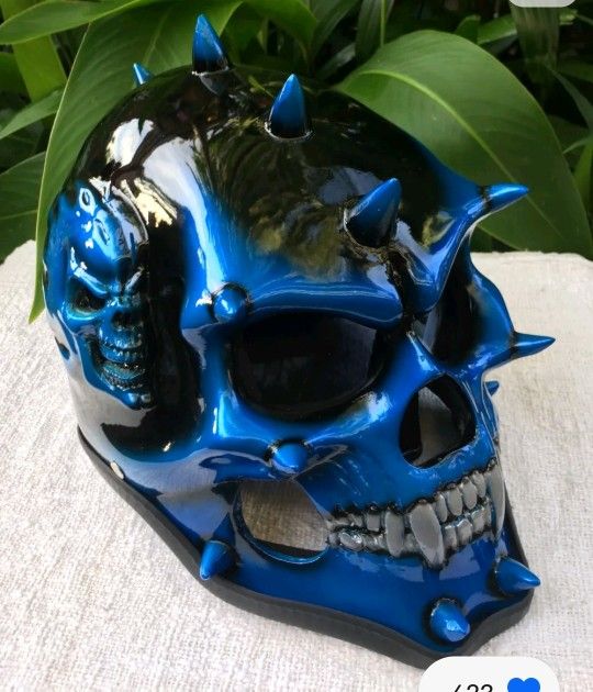 Skull Motorcycle Helmet Blue Punk Helmet Mohawk Style Spikes Skeleton Fantasy