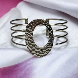 Hammered Oval Sterling Silver Open Cuff Bracelet With Multiple Wire Bands