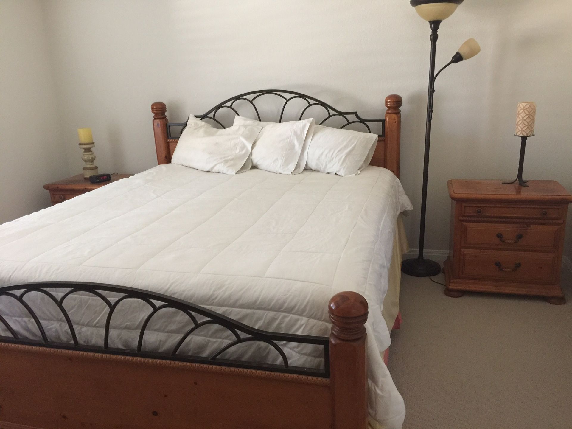 TimberCrest. Solid wood furniture. California King bed , two night stands tv armoire (tv not included ) and dresser with mirrors. Mattress and box