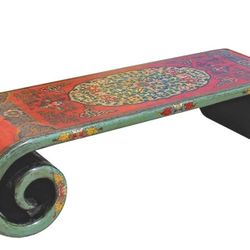 Chinese Tibetan Distressed Red Yellow Green Lacquer Scroll Coffee Table Acs5795