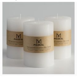 MOZEAL Set of 3 Hand Poured Unscented Dripless Pillar Candles 3"X4" - NEW