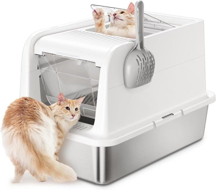 COURPAL® Stainless Steel Cat Litter Box with Lid: Enclosed & Open 2-Mode Covered Litter Box - Top & Front 2-Door Hooded Litter Box Enclosure
