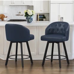 , 26" Swivel Faux Leather Upholstered Bar Stools with Backs and Metal Legs, Retro Counter Stools for Kitchen Island, Dining Room, Pub, Dark Blue