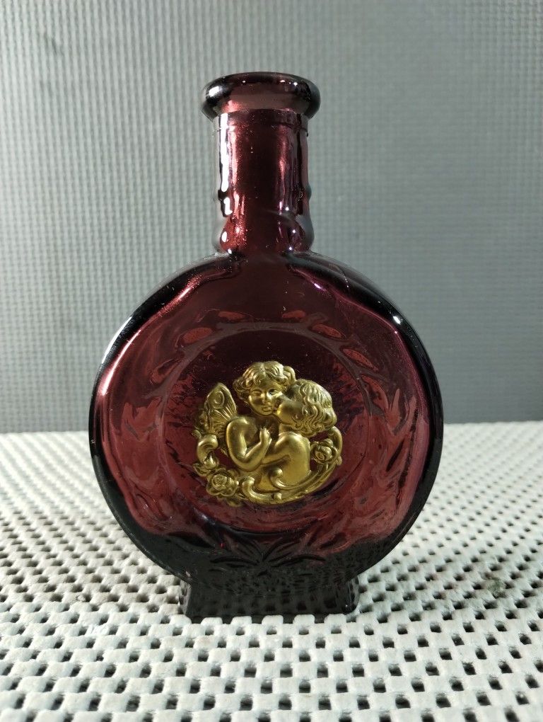 Vintage Rare Golden Angels Ruby Red Mini Glass Bottle