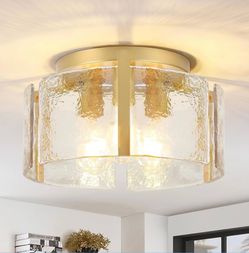 Modern Gold Semi Flush Mount Ceiling Light, 3-Light Farmhouse Glass Drum Light Fixture, Dimmable Ceiling Lighting for Foyer Kitchen Hallway Bedroom Di