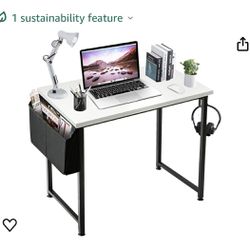Lufeiya Small Computer Desk White Writing Table for Home Office Small Spaces 31 Inch Modern Student Study Laptop PC Writing Desks with Storage Bag Hea