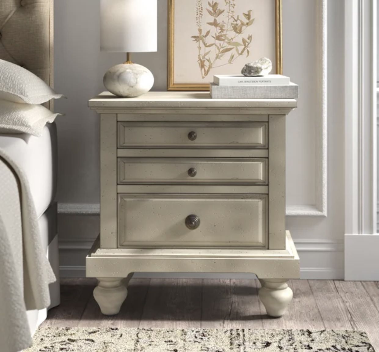 {ONE} Philomena 2 - Drawer Nightstand in Antique White. Minor wear. 29” x 28” x 17”. Solid + manufactured wood. MSRP $357. our price $195 + sales tax