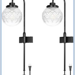 Vintage Plug in Wall Sconce - Artisanal Hand-Crafted Glass Shade with 6.2FT Cord and Switch