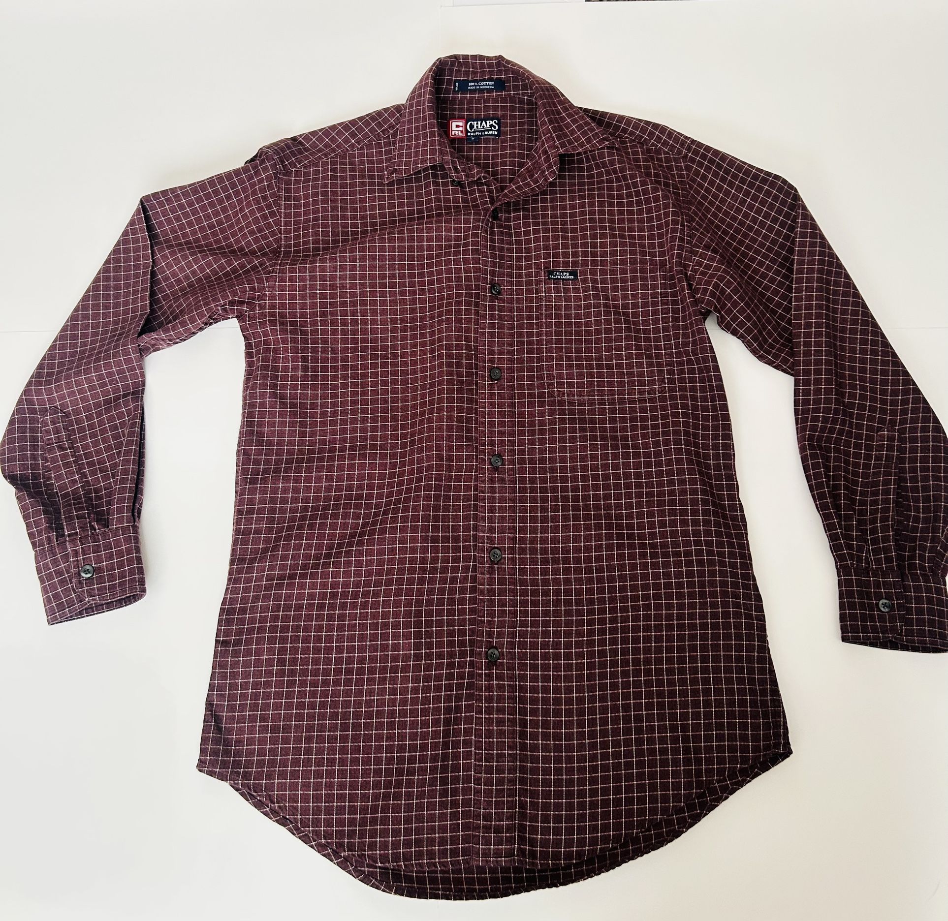 Chaps Ralph Lauren Shirt Mens pocket small Burgundy Cotton Plaid Button Down